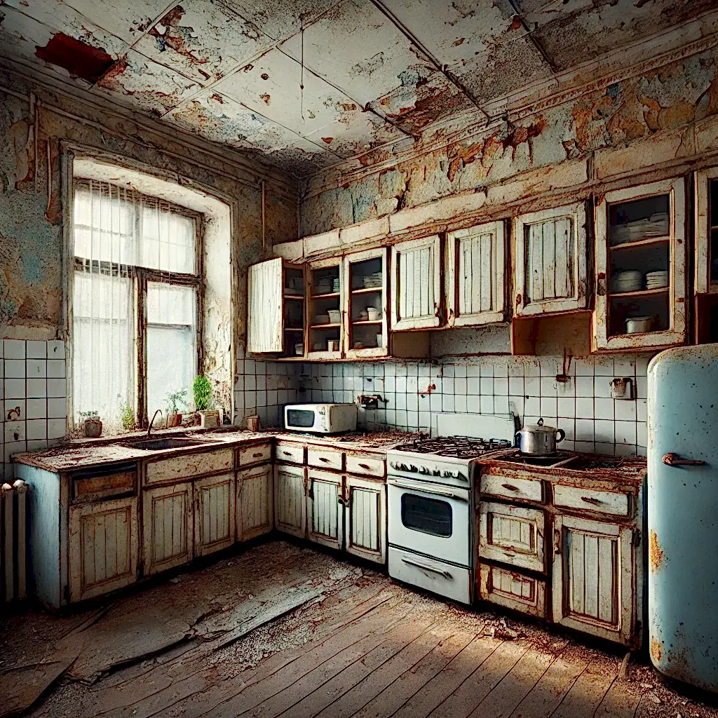 DALL·E 2025-02-15 00.47.55 - An old, worn-out kitchen with broken cabinets, faded countertops, and outdated appliances. The walls have peeling paint, and the floor looks damaged,